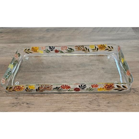 Vintage Hand Painted Glass Tray Floral Rectangle  Retro Cottage Trinket Holder - Picture 1 of 15